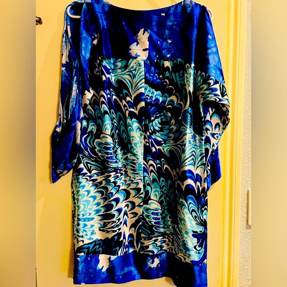 100% Blue White Silk Dress Laundry by Shelli Sega Long Slit Sleeves Smal - Picture 4 of 9